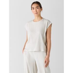 Eileen Fisher Womens Textured Stretch Rib Round Neck Top Size Large Bone Luxury